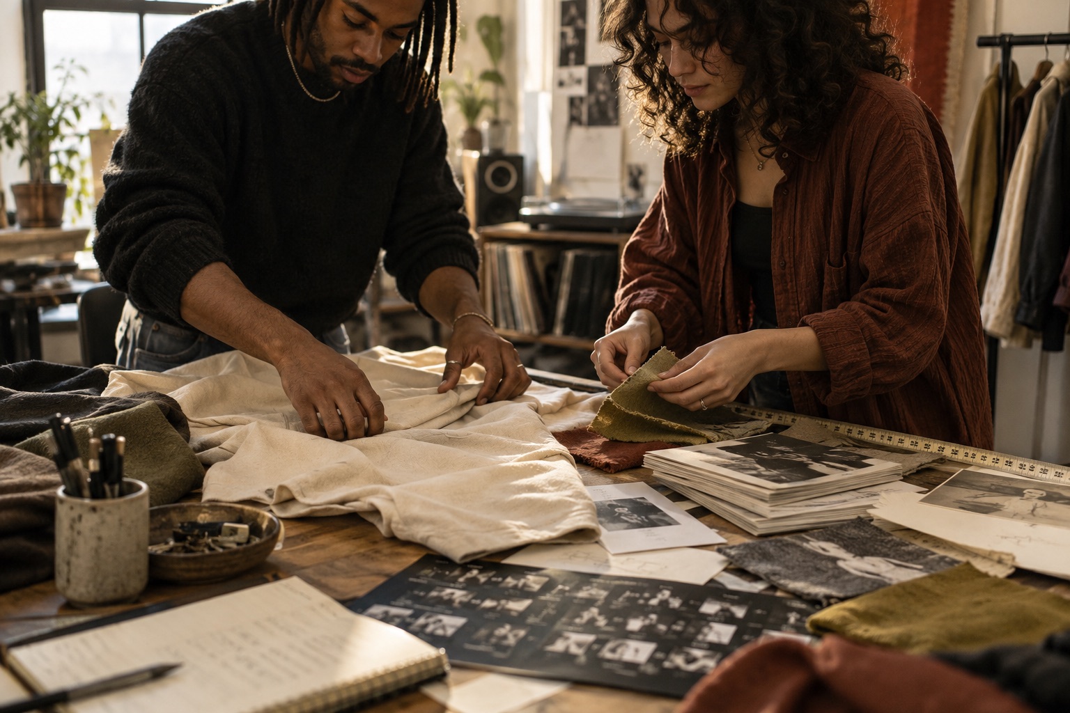 Illustrative image of two creators working with fabric and prints