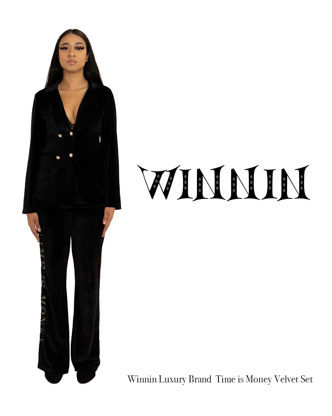 Model wearing a black WINNIN set